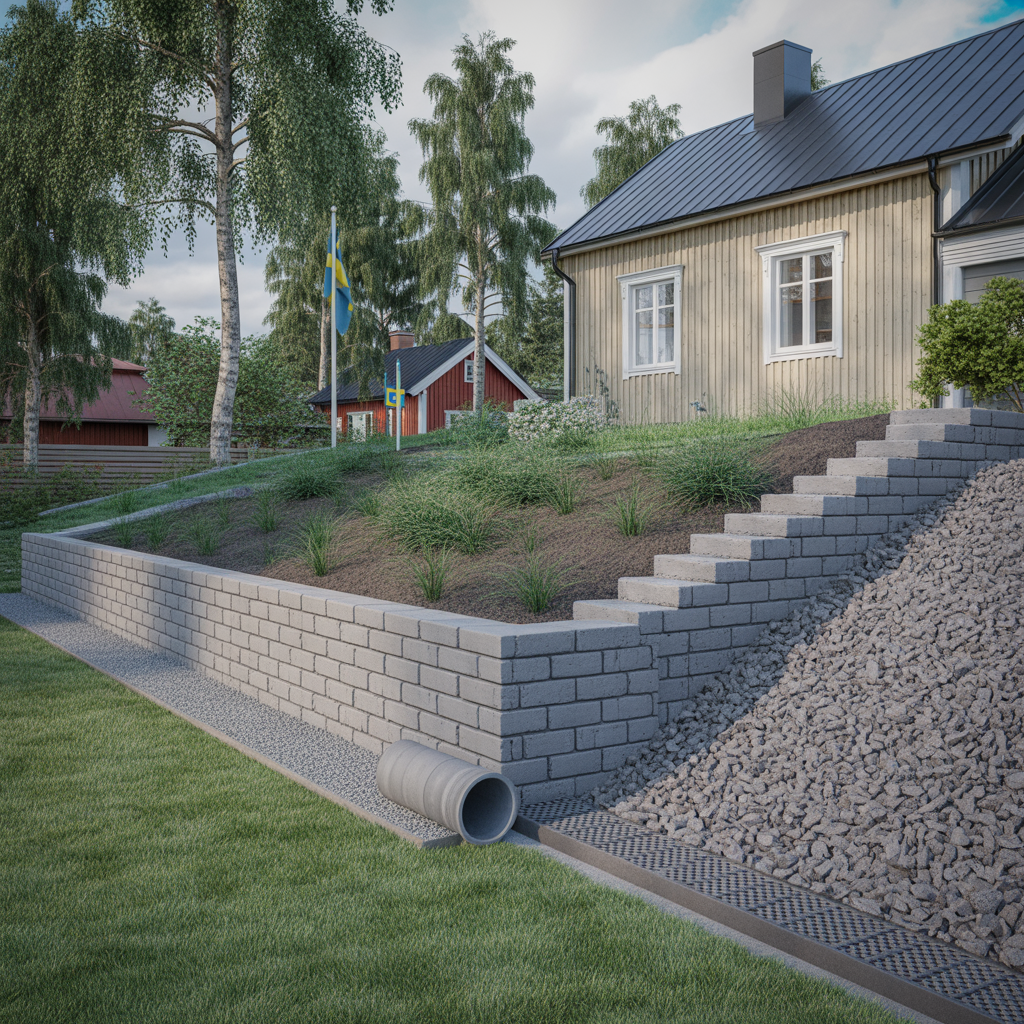stodmur i sluttning dimensioner dranering och kostnad