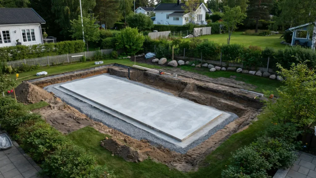 markarbete och gjuten poolplatta f r 4x7 m pool i sickla
